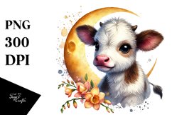 Cute Baby Cow on the Moon, Watercolor PNG Product Image 1