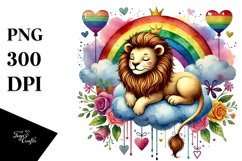 Colorful Watercolor Lion on Cloud with Hearts PNG Product Image 1