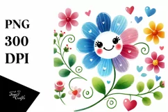 Smiling Washed Watercolor Flower with Hearts PNG Product Image 1