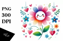 Smiling Washed Watercolor Flower with Hearts PNG Product Image 1