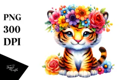 Colorful Tiger with Flower Crown | Sublimation, Clipart Product Image 1