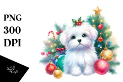 Watercolor Maltese with Vibrant Christmass Decorations PNG Product Image 1