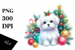 Watercolor Maltese with Vibrant Christmass Decorations PNG Product Image 3