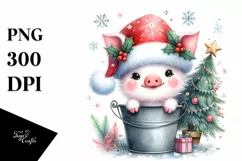 Cute Pig in Santa Hat and Bucket PNG Product Image 1