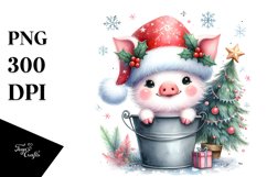 Cute Pig in Santa Hat and Bucket PNG Product Image 1