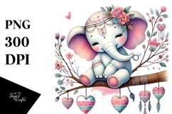 Colorful Boho Elephant on Tree Branch with Hearts PNG Product Image 1