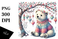 Colorful Adorned Polar Bear on Tree Branch with Hearts PNG Product Image 1
