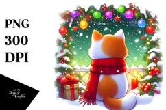 Cute Watercolor Cat with Vibrant Christmass Decorations PNG Product Image 1