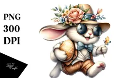 Watercolor Smiling Bunny with Vintage Hat PNG Product Image 1
