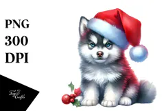 Watercolor Siberian Husky with Christmass Decorations PNG Product Image 1