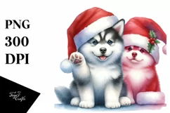 Watercolor Siberian Husky with Christmass Decorations PNG Product Image 3