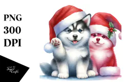 Watercolor Siberian Husky with Christmass Decorations PNG Product Image 1