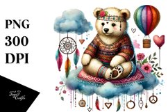 Colorful Boho Bear on Cloud with Hearts PNG Product Image 1