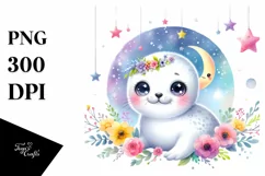 Cute Baby Ringed Seal with Moon, Transparent PNG Product Image 3