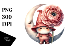 Watercolor Cute GNOME with Big Hat and Ranunculus PNG Product Image 1