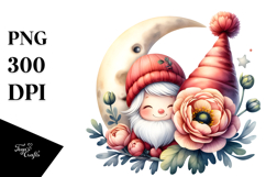 Watercolor Cute GNOME with Big Hat and Ranunculus PNG Product Image 1