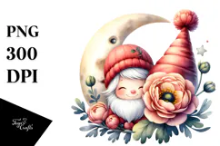 Watercolor Cute GNOME with Big Hat and Ranunculus PNG Product Image 1
