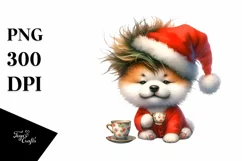 Enthusiastic Akita with Santa Hat and Tea Cup PNG Product Image 1