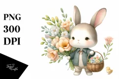 Cute Baby Rabbit with Flowers |Watercolor Whimsical Product Image 1