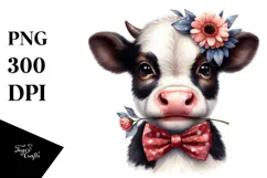 Happy Baby Cow with Bow and Flower PNG Product Image 1