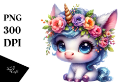 Cute Baby Unicorn, Floral Wreath PNG Product Image 1