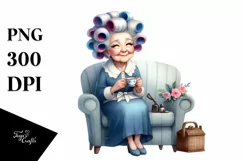 Old Lady Sitting on Couch with Hair Curlers | Clipart Product Image 1