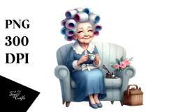 Old Lady Sitting on Couch with Hair Curlers | Clipart Product Image 1