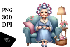 Old Lady Sitting on Couch with Hair Curlers | Clipart Product Image 1