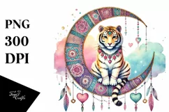 Colorful Boho Tiger on Half Moon with Hearts PNG Product Image 1