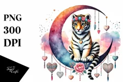 Colorful Boho Tiger on Half Moon with Hearts PNG Product Image 1