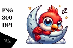 Colorful Baby Cardinal Napping on the Moon | Clipart Product Image 1