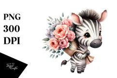 Cute Baby Zebra with Flower Bouquet | Sublimation | Clipart Product Image 1