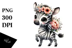 Cute Baby Zebra with Flower Bouquet | Sublimation | Clipart Product Image 1