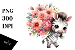 Cute Baby Zebra with Flower Bouquet | Sublimation | Clipart Product Image 1