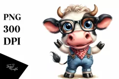Excited Cow with Farm Jeans |Watercolor Clipart Product Image 1