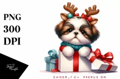 Winter Shih Tzu with Reindeer Horns PNG Product Image 1