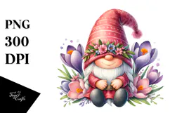 Watercolor Cute GNOME with Big Hat and Crocus PNG Product Image 1