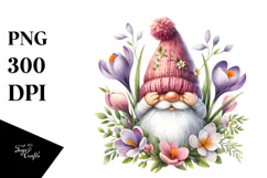 Watercolor Cute GNOME with Big Hat and Crocus PNG Product Image 1
