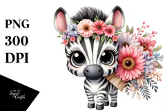 Happy Baby Zebra with Flower Bouquet | Sublimation | Clipart Product Image 1