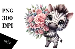 Happy Baby Zebra with Flower Bouquet | Sublimation | Clipart Product Image 1
