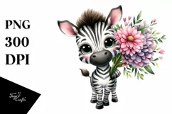 Happy Baby Zebra with Flower Bouquet | Sublimation | Clipart Product Image 1