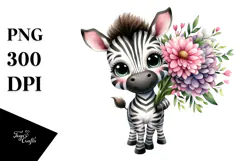 Happy Baby Zebra with Flower Bouquet | Sublimation | Clipart Product Image 1