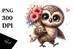 Excited Baby Owl with Flower Bouquet | Sublimation | Clipart Product Image 1