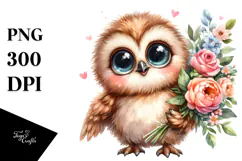 Excited Baby Owl with Flower Bouquet | Sublimation | Clipart Product Image 1