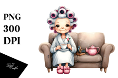 Old Lady Sitting on Sofa with Hair Curlers | Clipart Product Image 1