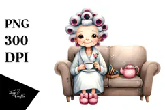 Old Lady Sitting on Sofa with Hair Curlers | Clipart Product Image 1