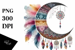 Simple Boho Moon Watercolor Digital Painting, PNG Product Image 1