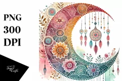 Simple Boho Moon Watercolor Digital Painting, PNG Product Image 1