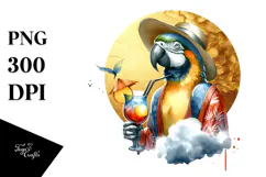 Parrot in Beachwear with Cocktail, Gold Foil Circle, Product Image 1