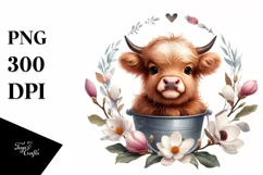 magnolia Floral Frame Highland Cow | Clipart Product Image 1